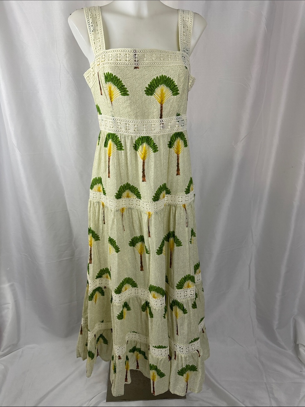 New Calypso St. Barth Cream Maxi Dress with Green & Yellow Palm Print size M - Picture 2 of 8